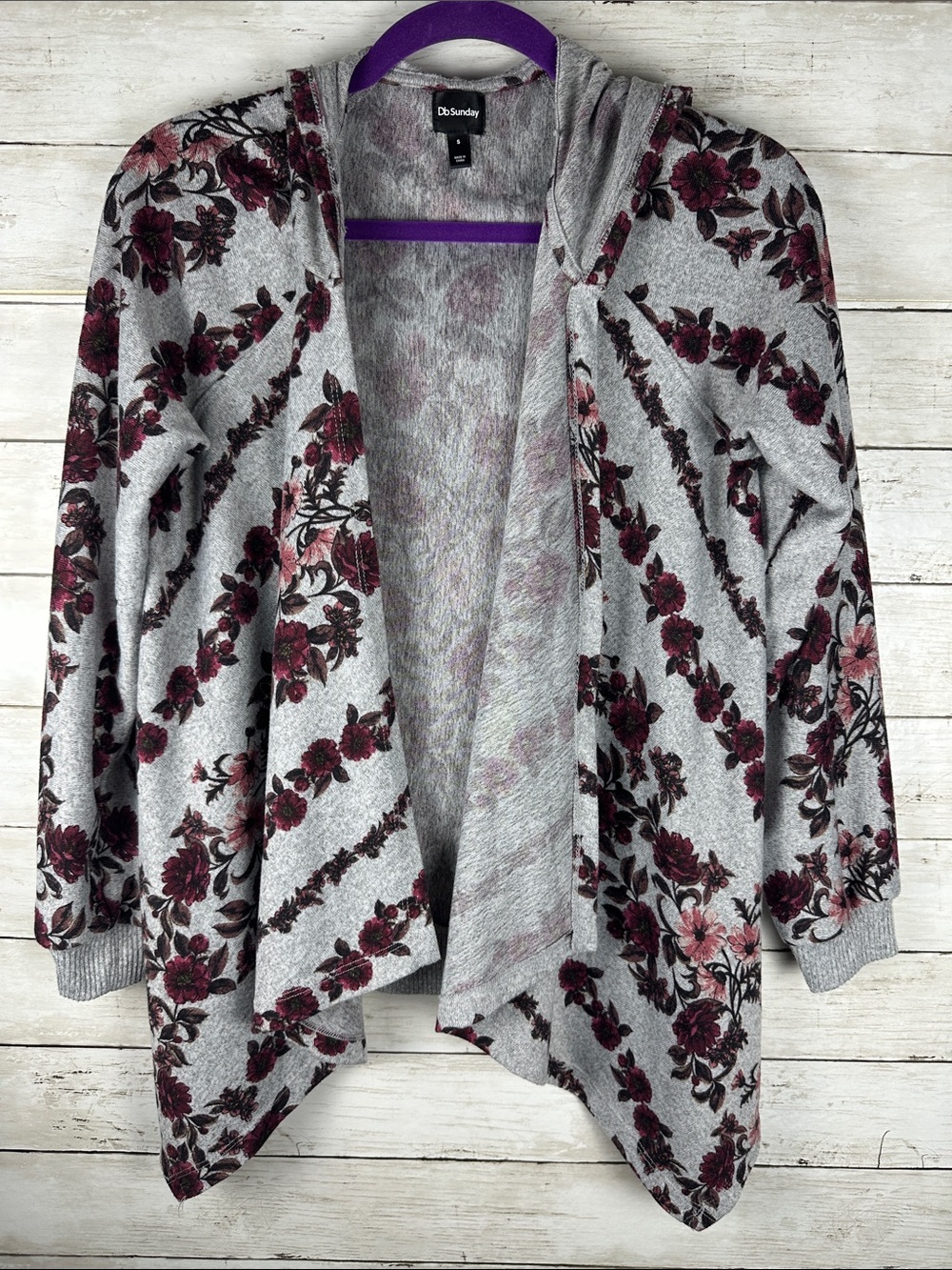 Db Sunday Floral Draped Hooded Cardigan Gray Burgundy Size S
